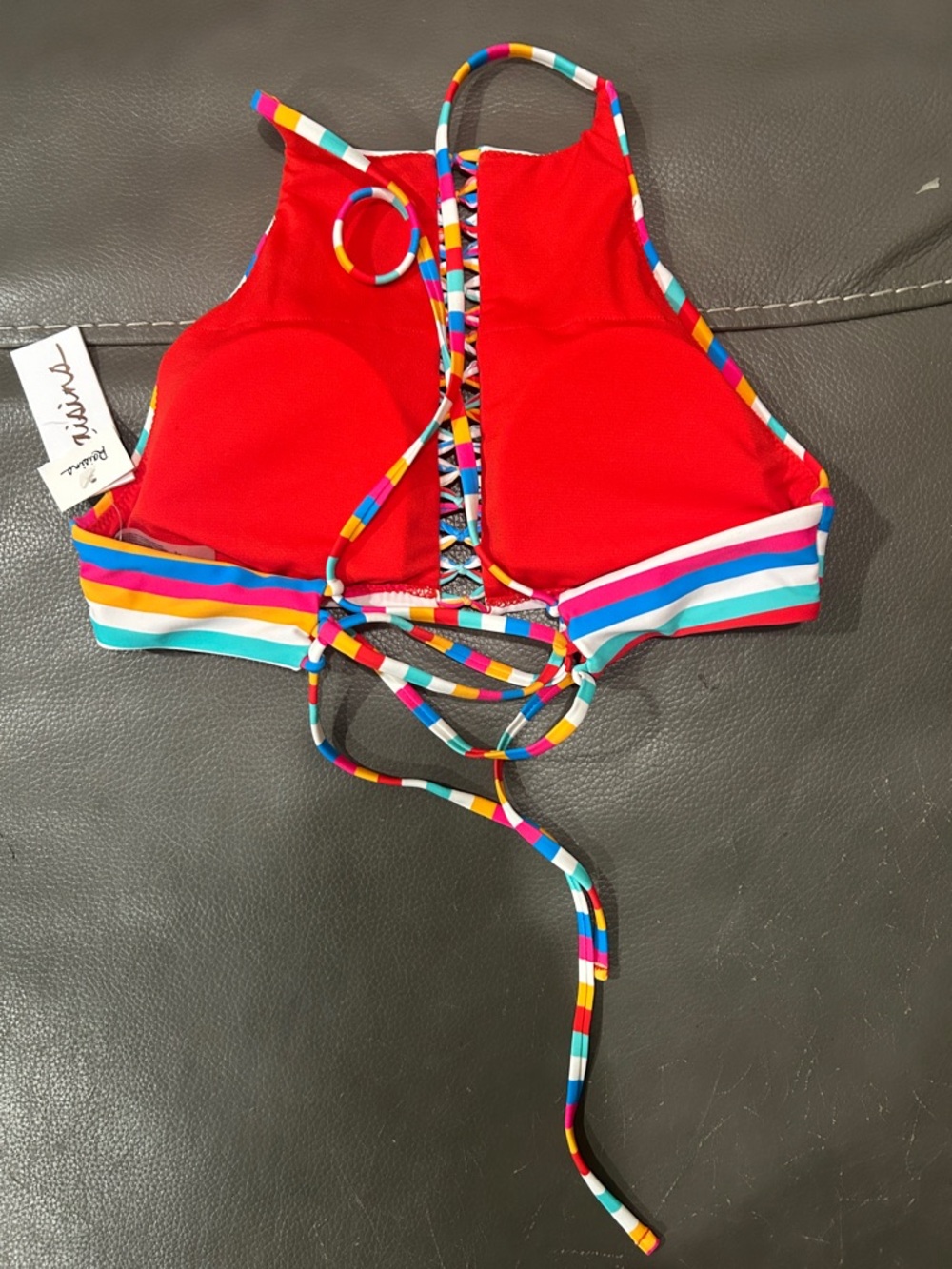 Raisins Striped Rainbow Lace-Up Halter Swim Top NWT size M - Picture 4 of 4
